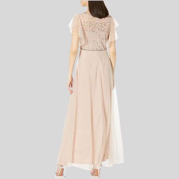 NWT - JKara Illusion Neckline Flutter Sleeve Beaded Long Dress Formal - Blush P6 - Picture 7 of 8